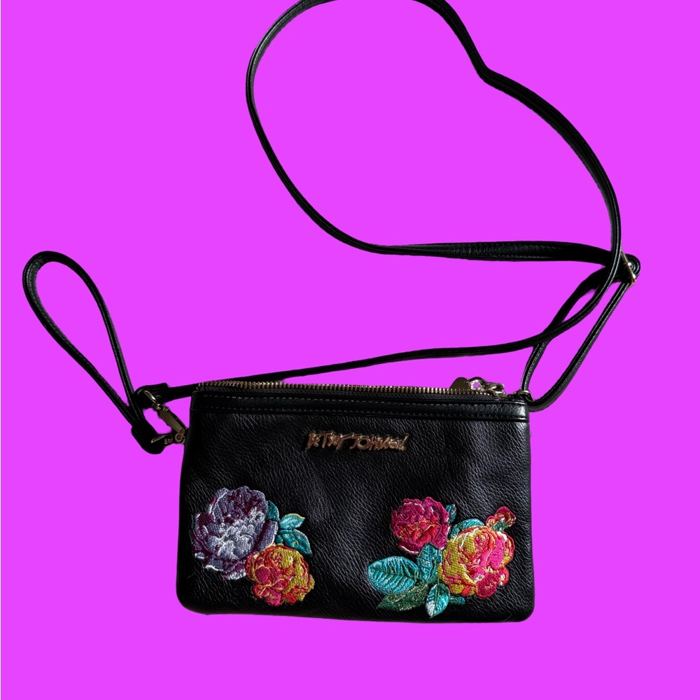 Betsey Johnson Black Crossbody with Floral Embroidery